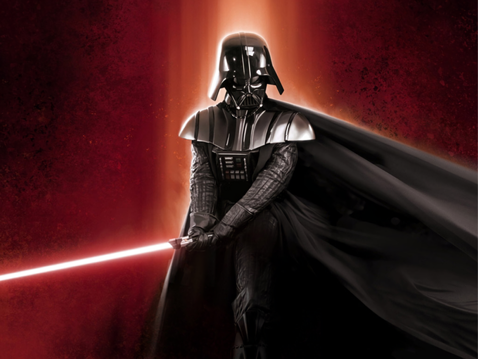 Darth Vader in full gear: black helmet, flowing cape, holding a red lightsaber.