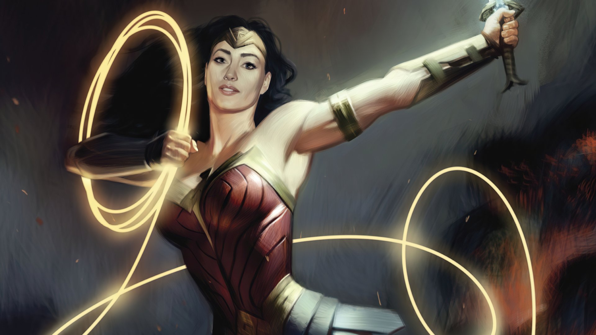 Wonder Woman in comic-style 4K Ultra HD PC wallpaper, wielding a sword and glowing Lasso of Truth — dynamic DC Comics desktop background.