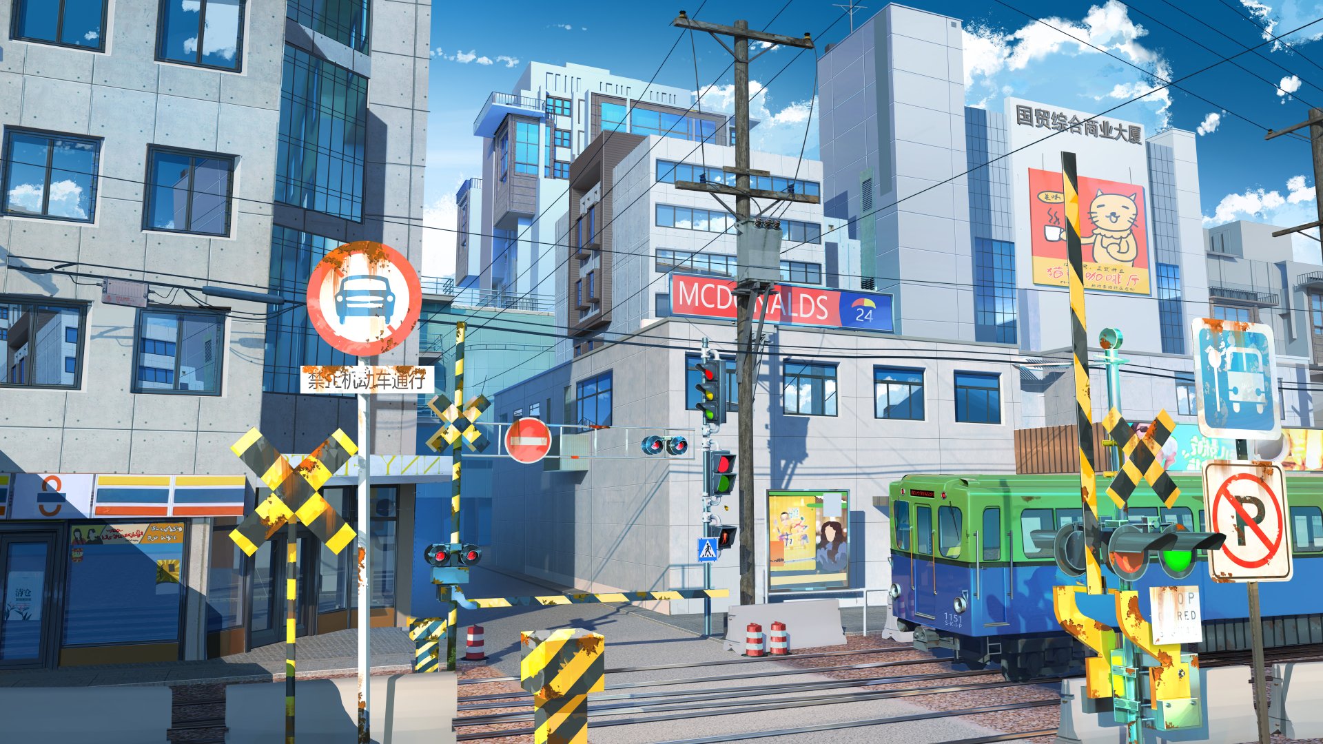 8K Ultra HD PC desktop wallpaper and background of an Anime city: mid-century buildings, a blue anime train at a railroad crossing, colorful signs and a bright blue sky.