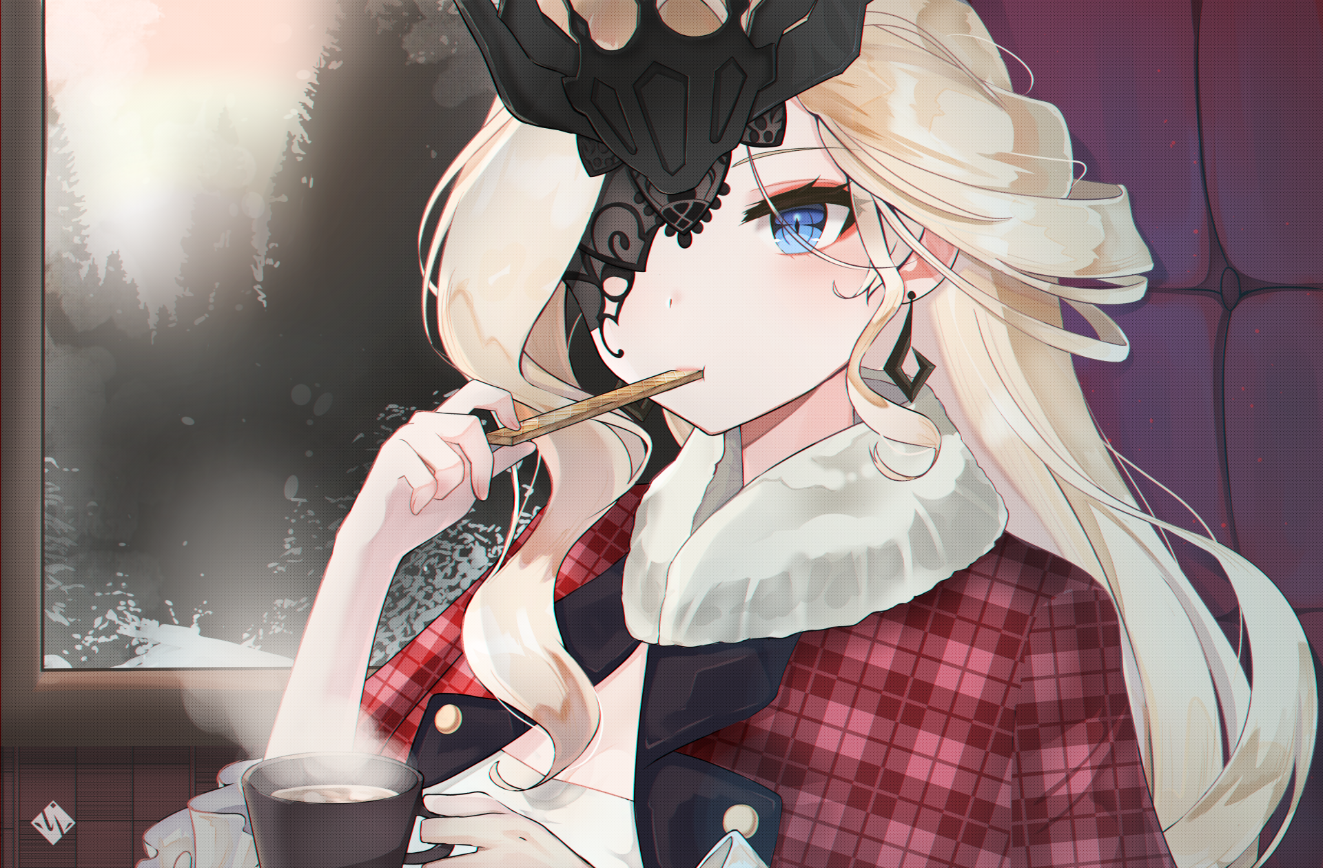 La Signora from Genshin Impact in a detailed 4K Ultra HD PC desktop wallpaper, showcasing her with a mask and elegant attire.