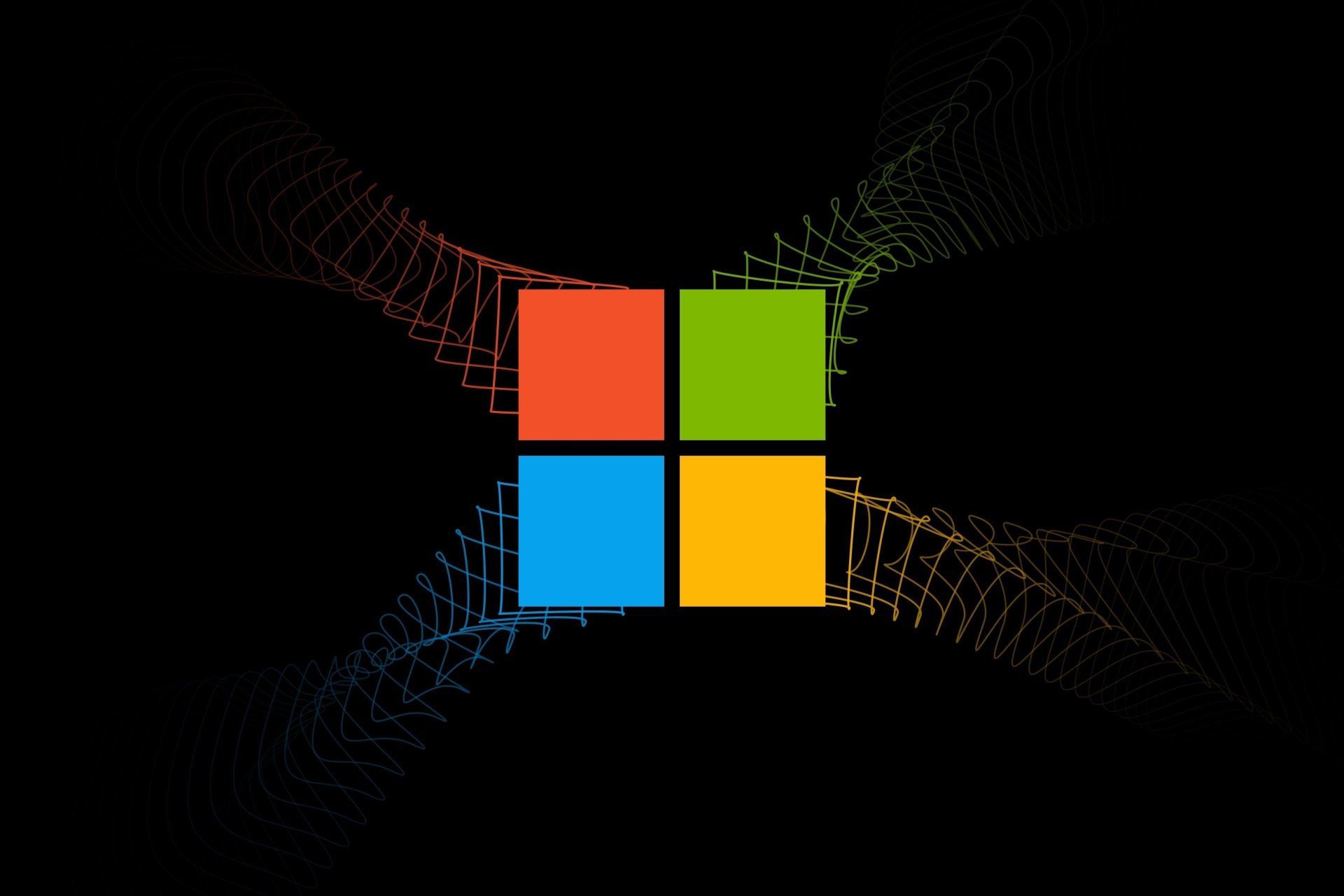 Microsoft Windows logo in red, green, blue and yellow squares on black, with neon wireframe technology accents — 4K Ultra HD PC desktop wallpaper.