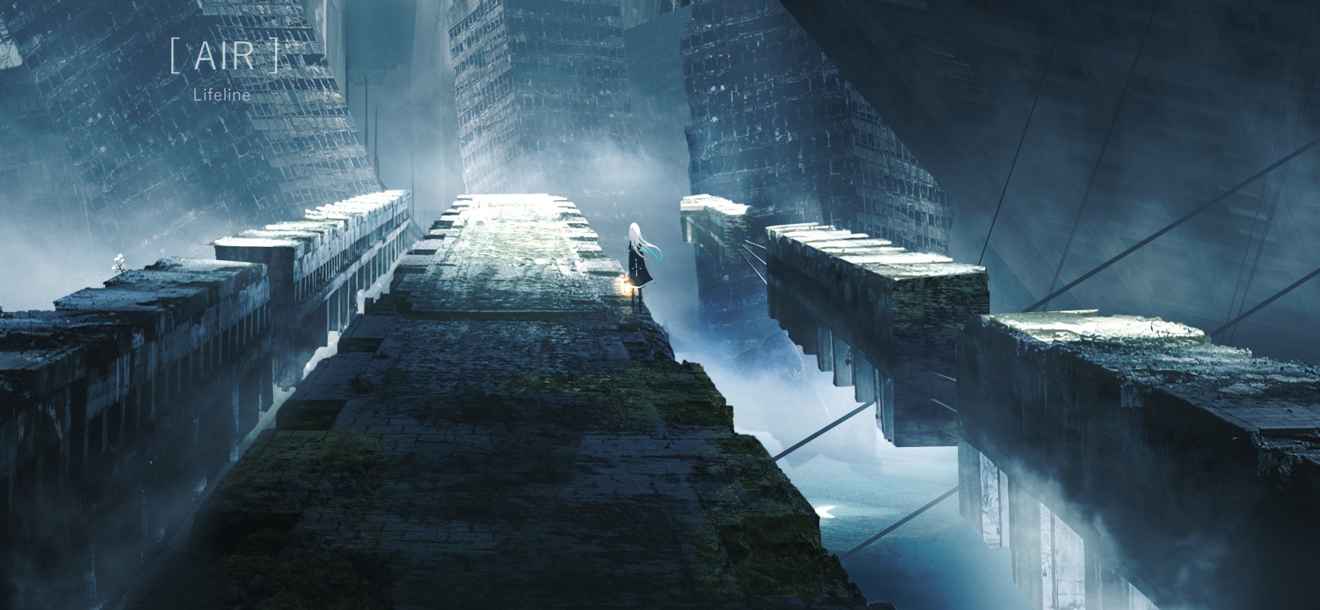 Anime-style post-apocalyptic landscape featuring a lone figure standing on a broken, moss-covered bridge amidst towering, decayed structures in a mysterious, misty environment.