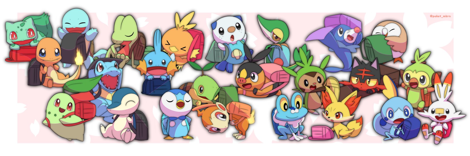 HD PC desktop wallpaper featuring anime-style Pokémon characters in a playful, colorful lineup.