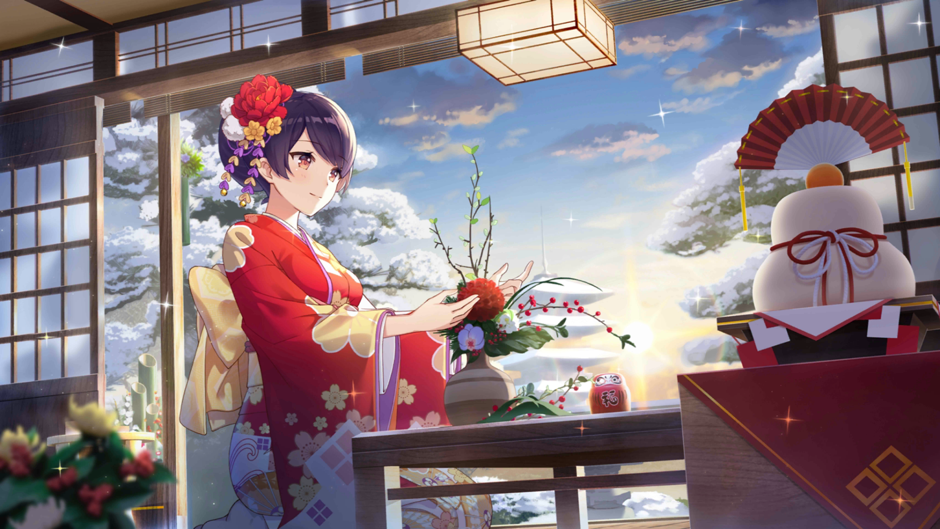Anime girl with short purple hair dressed in a red kimono arranges flowers in a traditional Japanese room, with a snowy landscape visible outside the window.