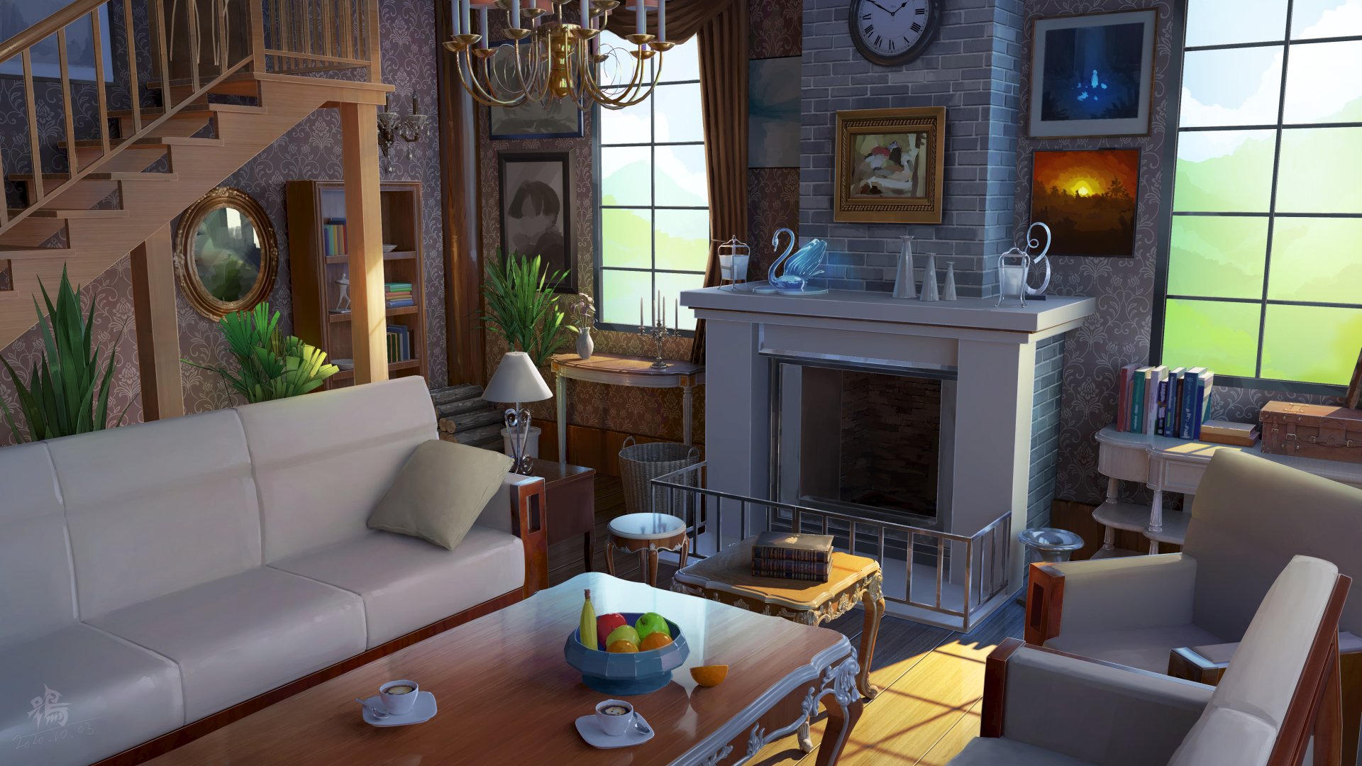 Anime room interior: cozy living room with fireplace, sofas, coffee table, stairs and bookshelves. 4K Ultra HD PC desktop wallpaper and background.