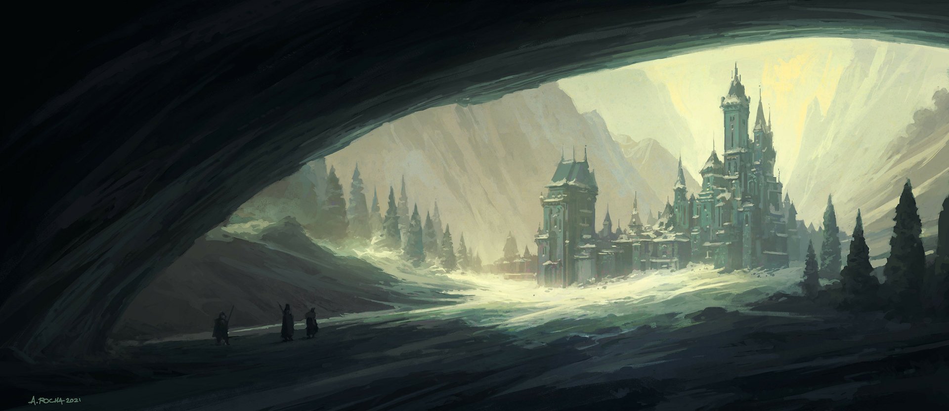 HD PC desktop wallpaper featuring a fantasy winter castle illuminated by soft light, nestled among snowy mountains and dark forest shadows.