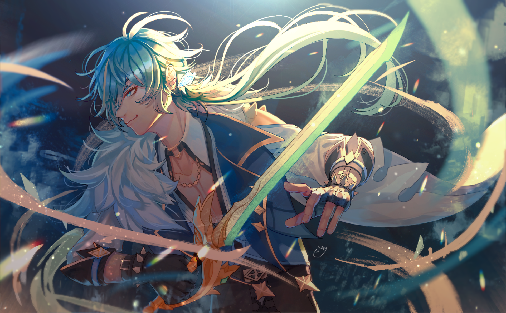 HD PC desktop wallpaper featuring Kaeya from the video game Genshin Impact, depicted with flowing hair and dynamic light effects.