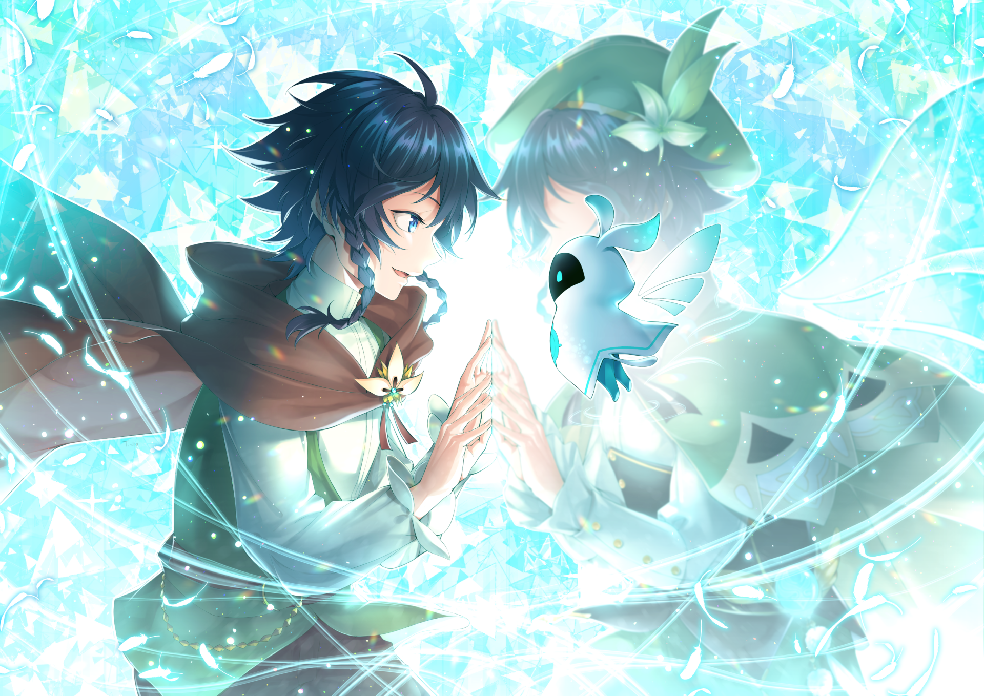 Venti (Genshin Impact video game) in a luminous blue crystalline scene with mirrored figures touching hands — 2K Quad HD PC desktop wallpaper.