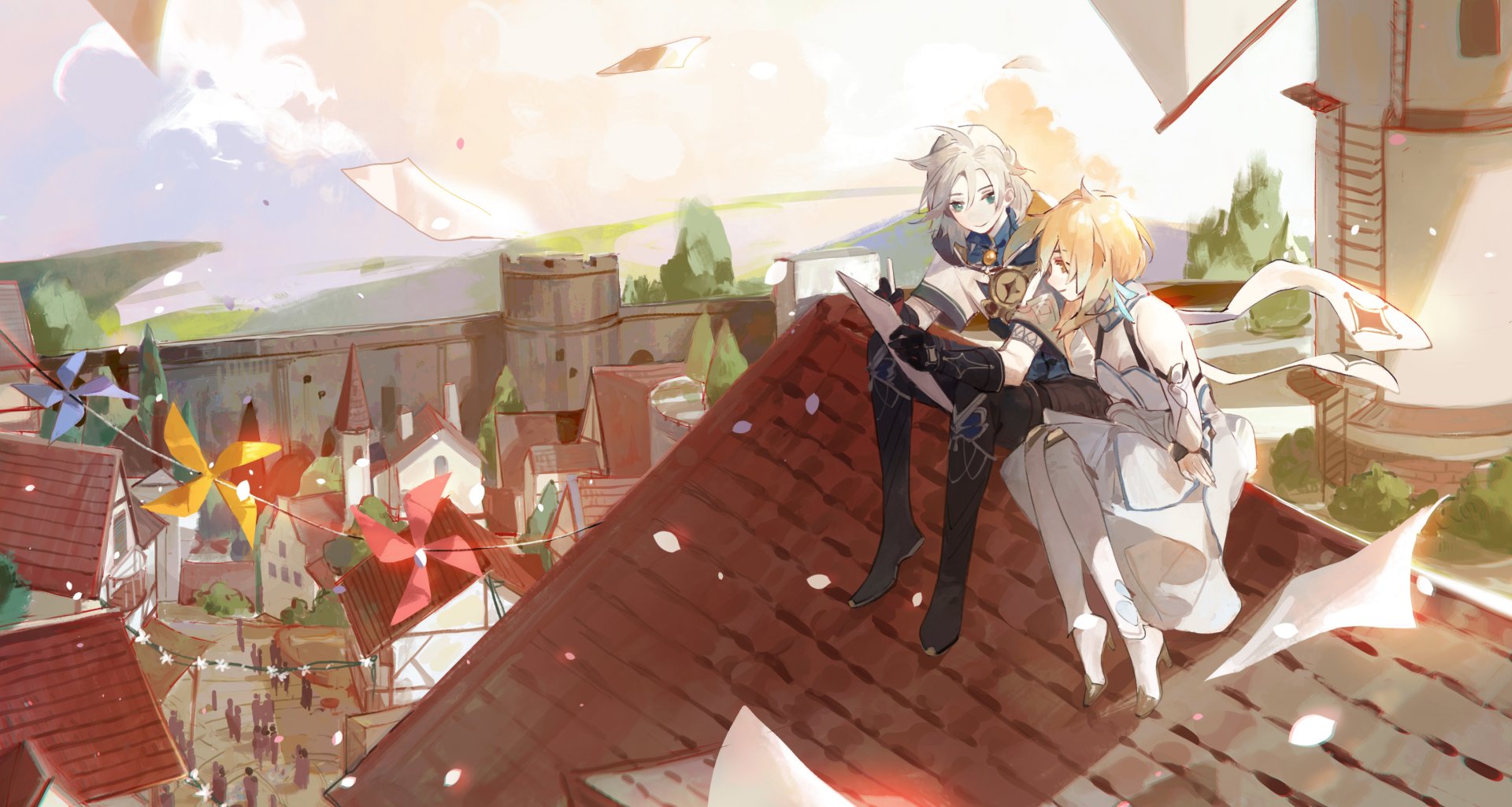 HD PC desktop wallpaper featuring Lumine and Albedo from the video game Genshin Impact, sitting on a rooftop overlooking a vibrant town with colorful pinwheels.