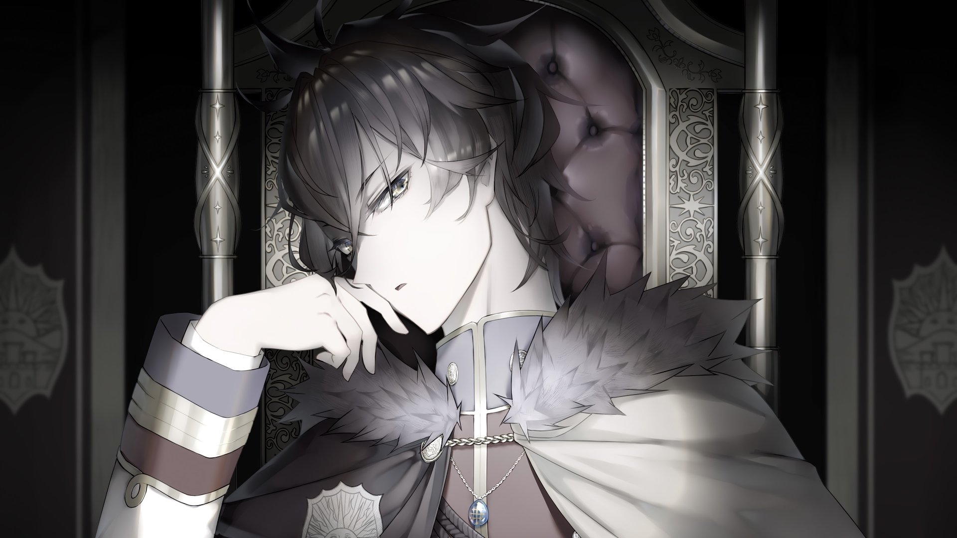 Yuno (Black Clover) anime portrait seated on an ornate throne, fur-trimmed cloak and pendant in detailed grayscale — 4K Ultra HD PC desktop wallpaper/background.