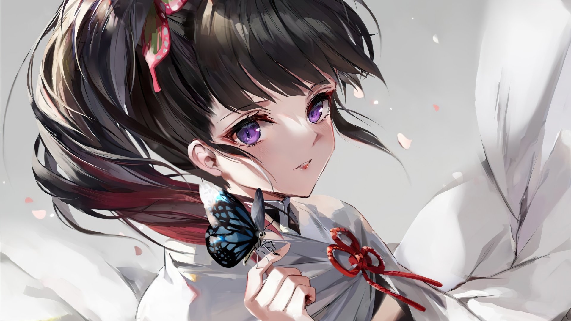 HD desktop wallpaper featuring Kanao Tsuyuri from the anime Demon Slayer: Kimetsu no Yaiba, showcasing her with purple eyes, holding a butterfly, against a soft background.