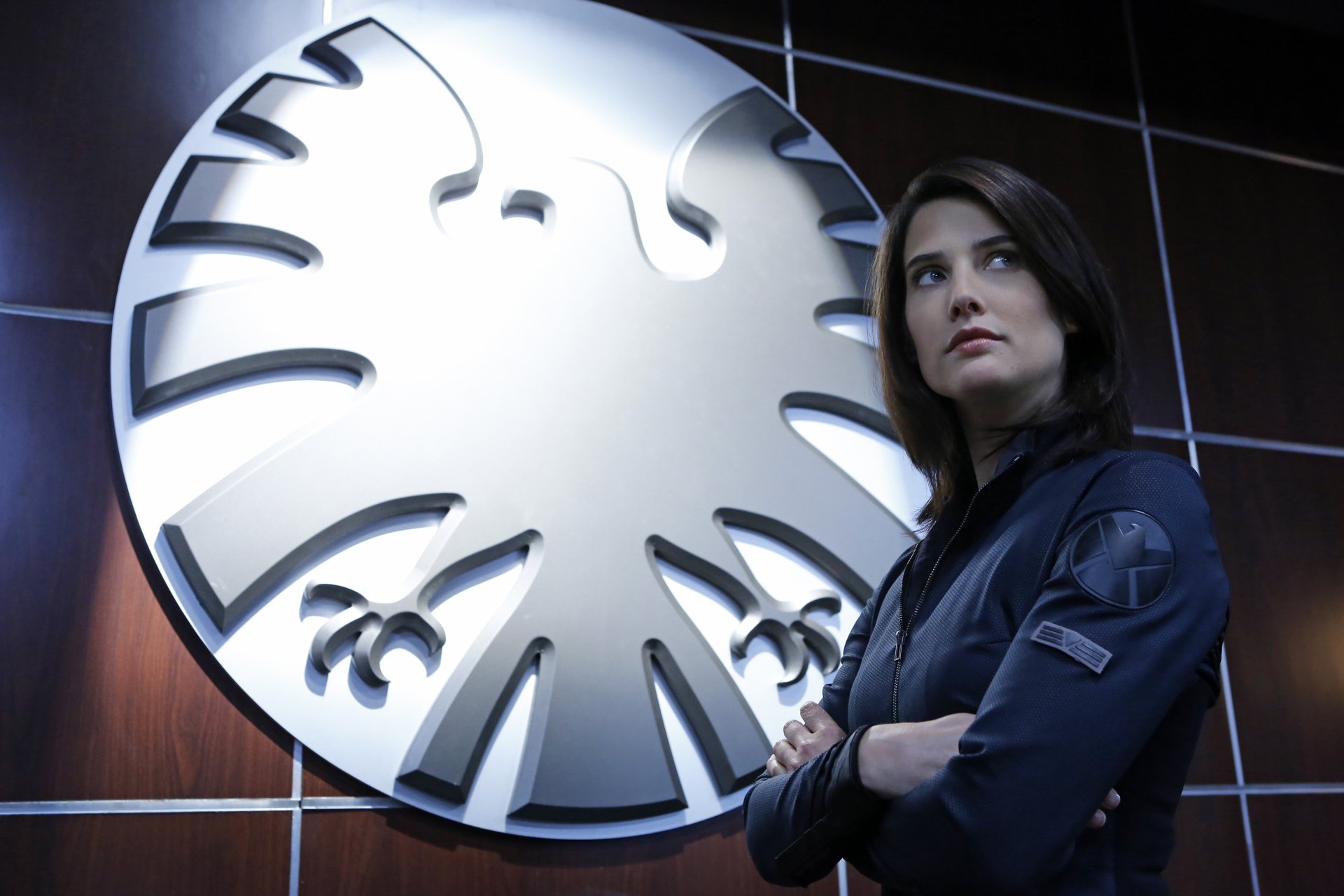 HD desktop wallpaper featuring Cobie Smulders as Maria Hill from the TV show Agents of S.H.I.E.L.D., standing confidently in front of the S.H.I.E.L.D. emblem.