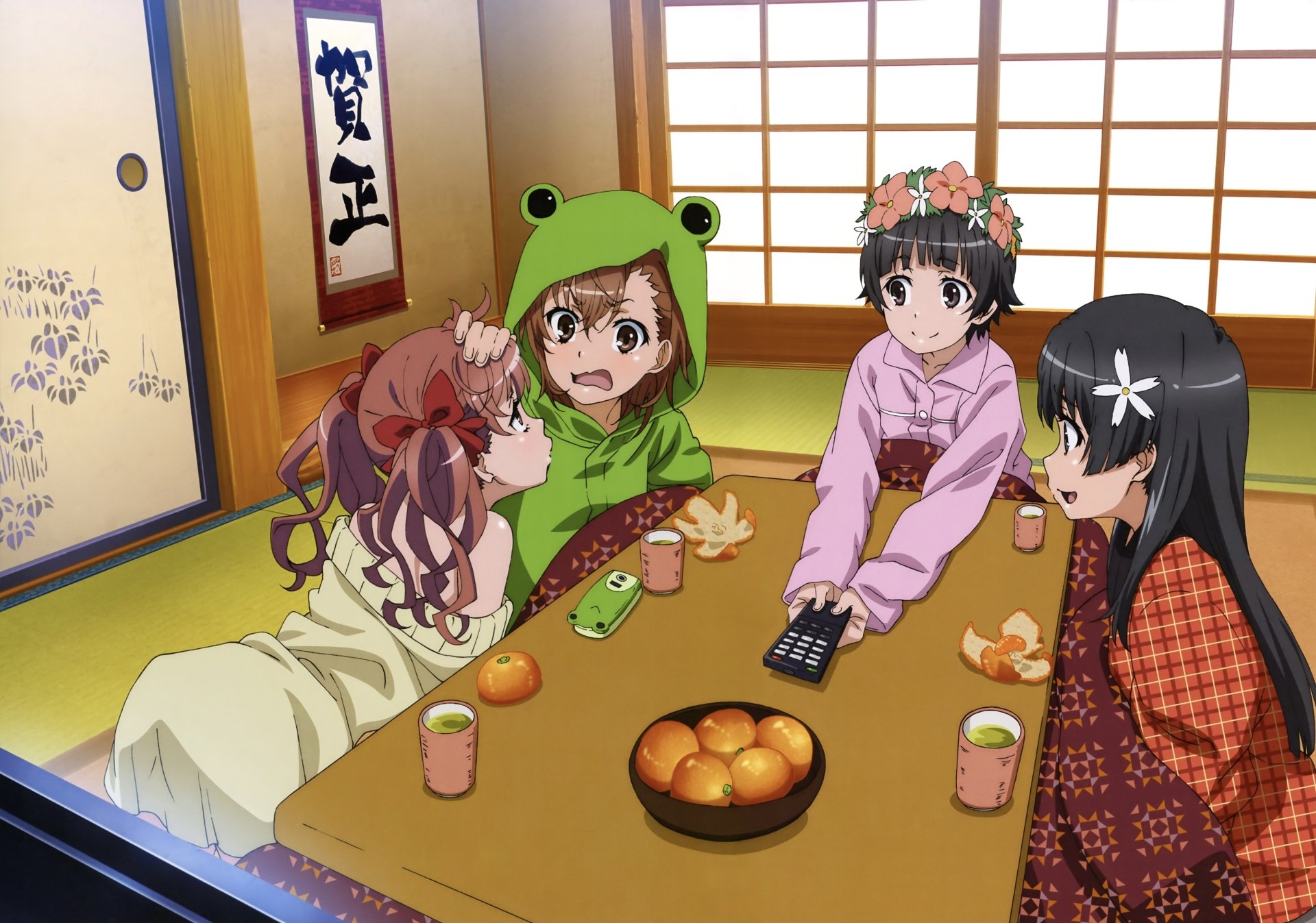 5K Ultra HD PC desktop wallpaper: Kazari Uiharu, Kuroko Shirai, Ruiko Saten and Mikoto Misaka from the anime A Certain Scientific Railgun, sitting around a low table in a cozy tatami room.