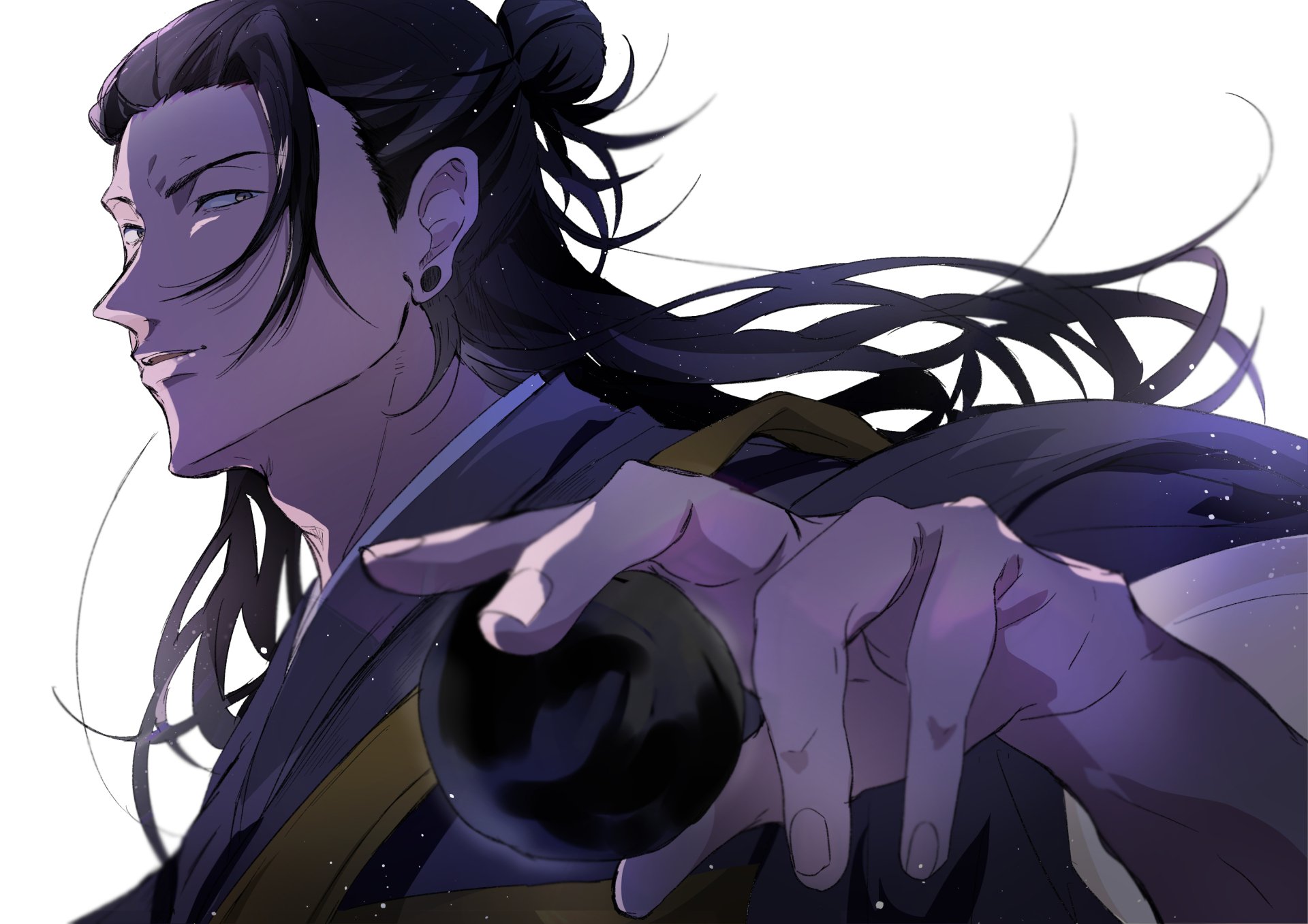 Suguru Geto from Jujutsu Kaisen, black hair flowing, smirking while holding a dark orb — 2K Quad HD PC desktop wallpaper/background, anime-style.