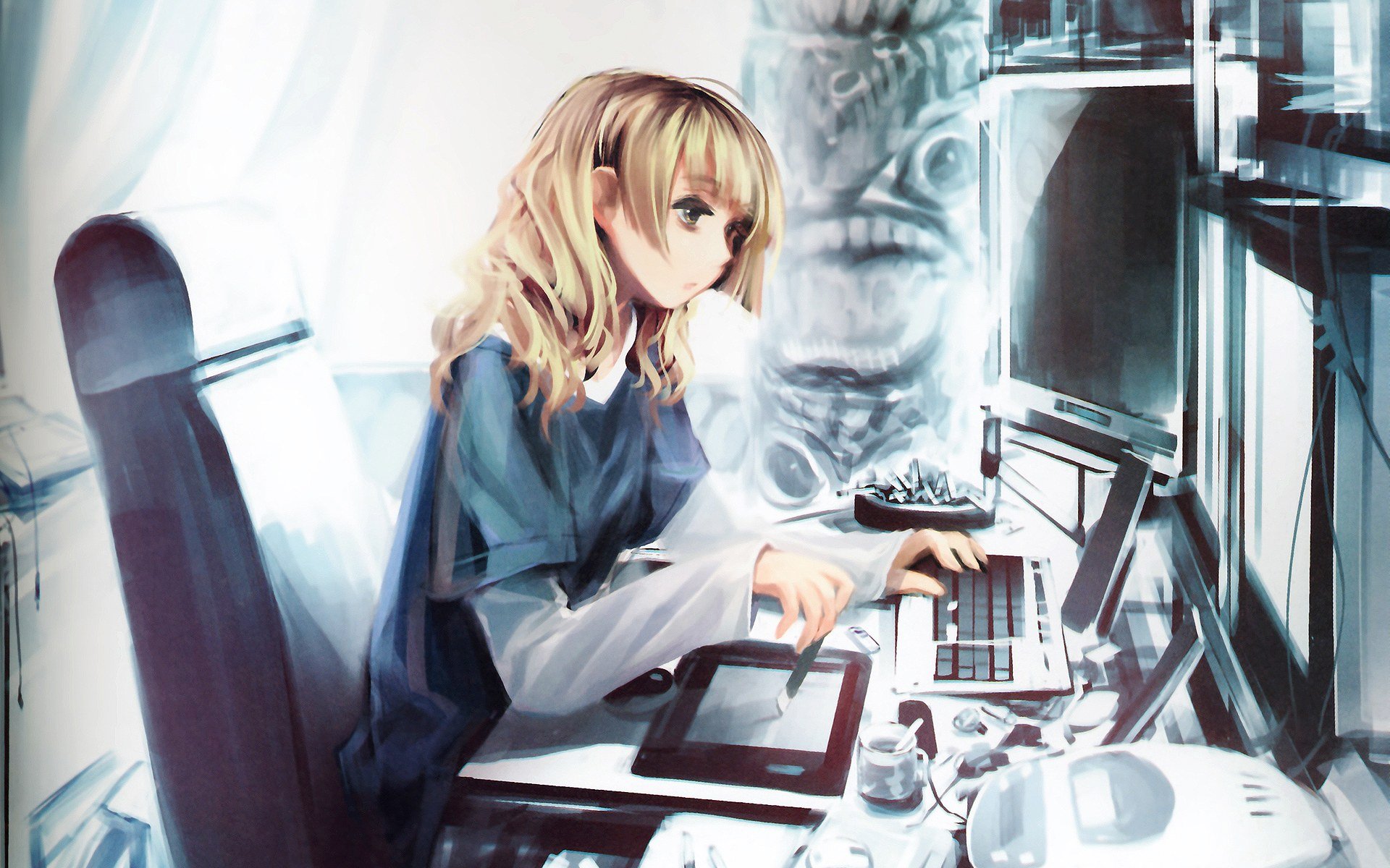 A woman with long blonde hair works intently at a computer desk, surrounded by various tech gadgets, in this HD anime-themed desktop wallpaper and background.