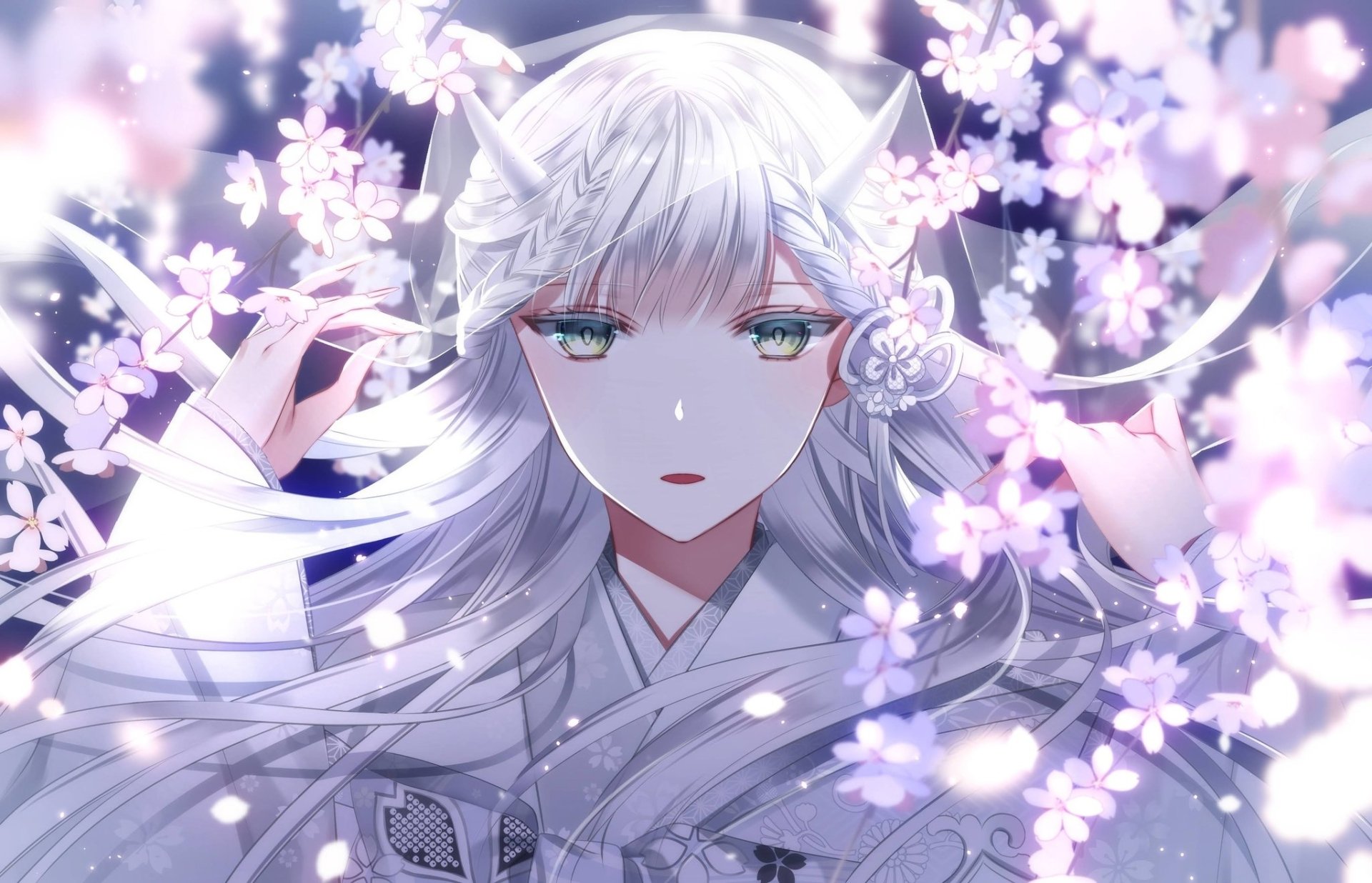 Anime girl with long white hair, green eyes, and horns surrounded by glowing cherry blossoms in a vibrant HD desktop wallpaper.