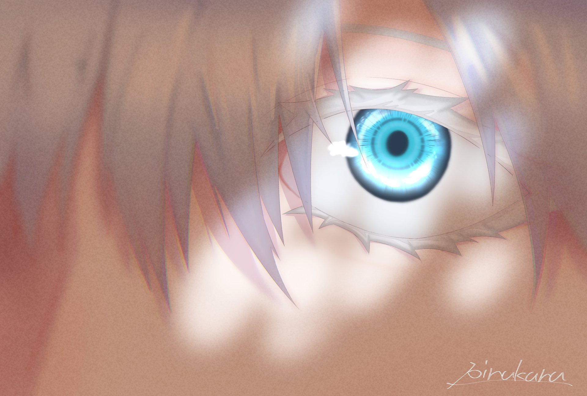 Close-up of Satoru Gojo’s vibrant blue anime eye and white hair from Jujutsu Kaisen in stunning 4K Ultra HD quality.