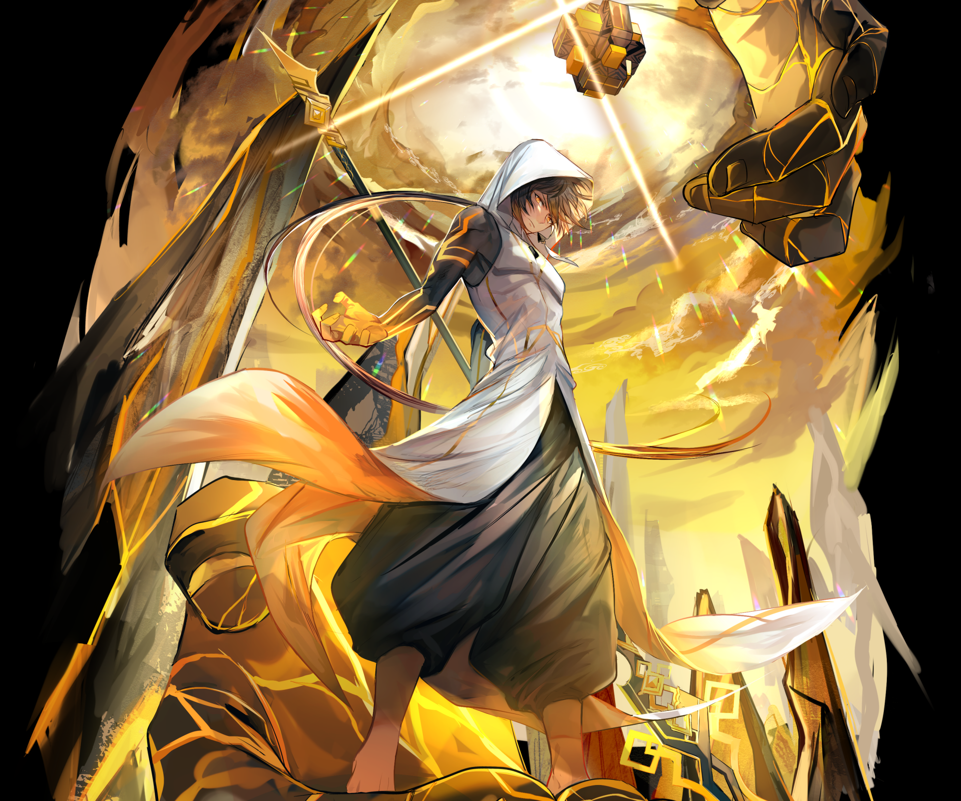 Zhongli from Genshin Impact stands amid floating Geo pillars and golden light, cloak billowing—2K Quad HD PC desktop wallpaper/background inspired by the video game.