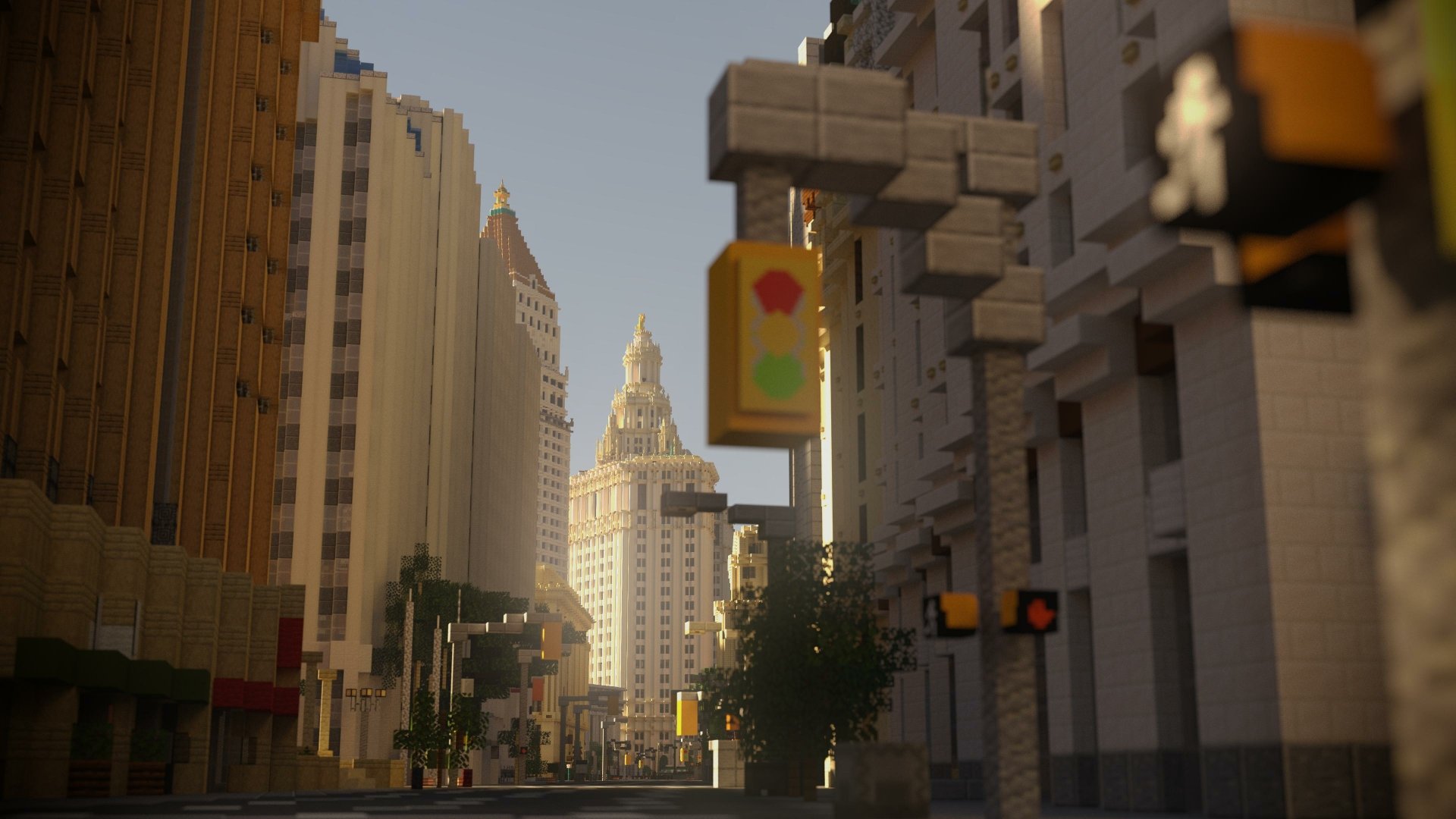 Minecraft-style 4K Ultra HD PC desktop wallpaper: sunlit New York city street with blocky skyscrapers, traffic lights and a distant domed building, rendered in video game voxel aesthetic.