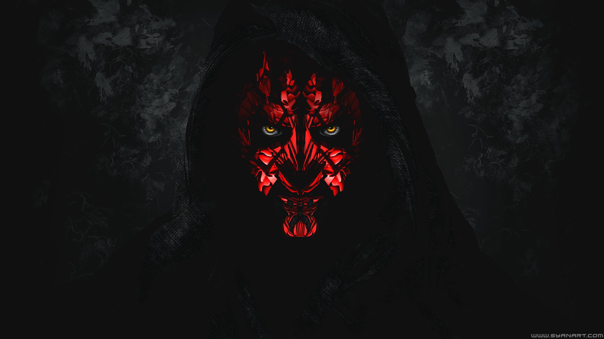 Darth Maul from Star Wars depicted in striking red and black, set against a dark background in this 8K Ultra HD sci-fi desktop wallpaper.