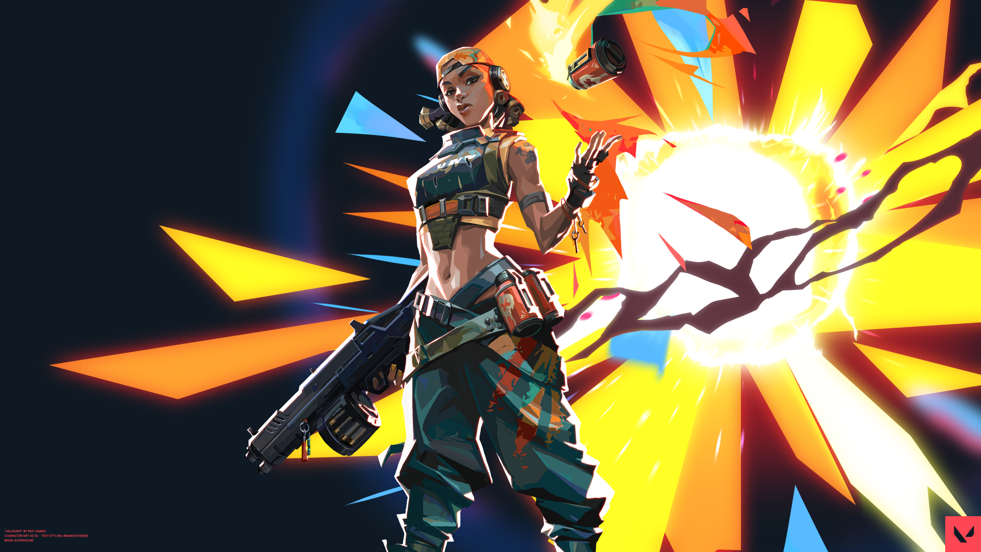 Raze from Valorant stands confidently with explosives, set against a dynamic, colorful explosion in this 4K Ultra HD PC desktop wallpaper.