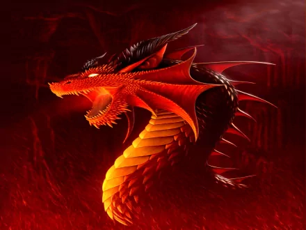 A stunning HD desktop wallpaper featuring a fierce, red and black dragon with its mouth open, set against a dramatic fiery background, epitomizing the essence of fantasy.