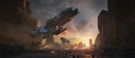 HD sci-fi desktop wallpaper depicting a massive spaceship hovering above a rocky desert landscape at sunset, with smaller ships and silhouetted figures below.