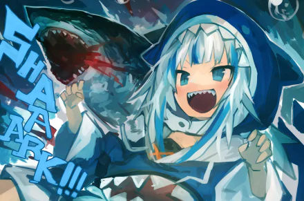 HD desktop wallpaper featuring Gawr Gura, an Anime Virtual YouTuber, exclaiming SHAAAARK!!! with a shark in the background. The artwork is dynamic, capturing a fun and energetic vibe.