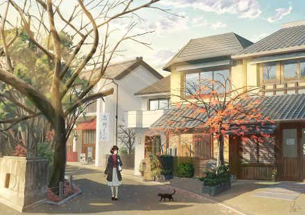 Anime girl with short hair walks a cat through a quiet, sunlit neighborhood street, rendered in detailed 4K Ultra HD style as a PC desktop wallpaper.