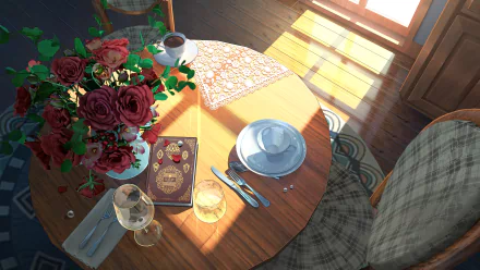 HD desktop wallpaper and background featuring a cozy anime-themed room with a round wooden table, a cup, vibrant red flowers, and a book, bathed in warm sunlight streaming through a window.