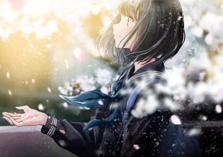 Anime girl with short hair in a uniform stands among blooming sakura flowers, bathed in soft sunlight, creating a serene HD desktop wallpaper scene.