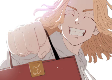 HD anime desktop wallpaper featuring Mikey Manjiro Sano from Tokyo Revengers, smiling brightly with a clenched fist in a dynamic close-up pose.