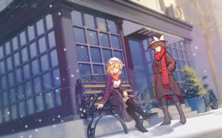 Anime-style HD desktop wallpaper featuring Maribel Hearn and Renko Usami from Touhou, set in a snowy urban scene with warm winter clothing.