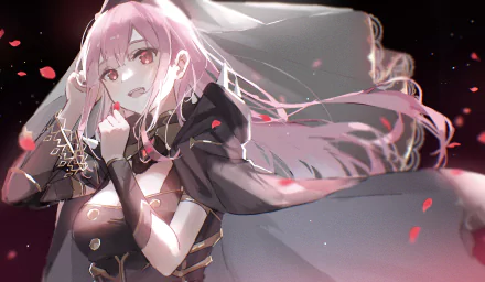 4K Ultra HD anime wallpaper of Mori Calliope, a Virtual YouTuber from hololive, featuring her with flowing pink hair and a dark, elegant outfit.