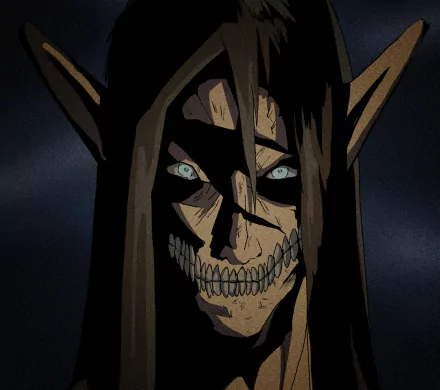 HD PC desktop wallpaper featuring Eren Yeager from the anime Attack on Titan with a dark, intense expression and glowing blue eyes.