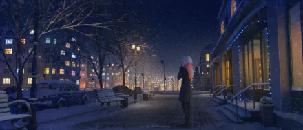Anime girl stands on a snowy winter night in a softly lit city street, captured in an HD PC desktop wallpaper blending serene winter and night anime aesthetics.