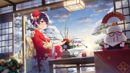 Anime girl with short purple hair dressed in a red kimono arranges flowers in a traditional Japanese room, with a snowy landscape visible outside the window.