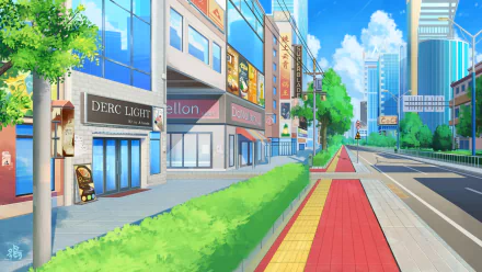 Bright anime city street with modern buildings and storefronts, tree-lined sidewalk and red-yellow pedestrian lane under blue skies — HD PC desktop wallpaper.