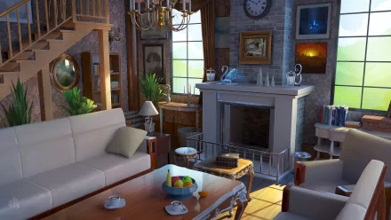 Anime room interior: cozy living room with fireplace, sofas, coffee table, stairs and bookshelves. 4K Ultra HD PC desktop wallpaper and background.