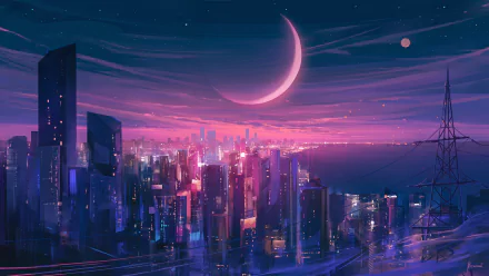 A vibrant artistic depiction of a city skyline at twilight, featuring a crescent moon and colorful lights, creating a captivating HD desktop wallpaper and background.