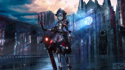 Noelle from Genshin Impact stands in shining armor inside a grand, gothic cathedral, depicted in a detailed 4K Ultra HD video game wallpaper for PC desktop background.