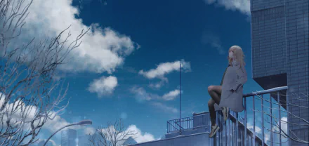 Anime girl sitting on a rooftop railing overlooking a cityscape under a vibrant blue sky with clouds, captured in an HD PC desktop wallpaper style.