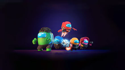 8K Ultra HD wallpaper featuring Among Us characters dressed as Avengers: Hulk, Black Widow, Captain America, Iron Man, and Thor in a dynamic video game style.