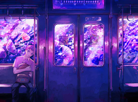 A 4K Ultra HD anime wallpaper featuring a contemplative anime boy sitting inside a train, with vibrant purple and pink hues illuminating the scene.