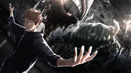 HD desktop wallpaper featuring Yuji Itadori from Jujutsu Kaisen in a hoodie, standing with outstretched arms, with a dark, intense background and menacing figures.