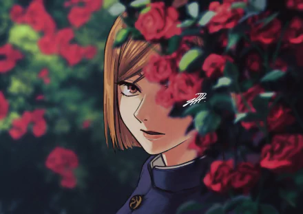 HD wallpaper featuring Nobara Kugisaki from Jujutsu Kaisen with brown hair, gazing through vibrant red roses.