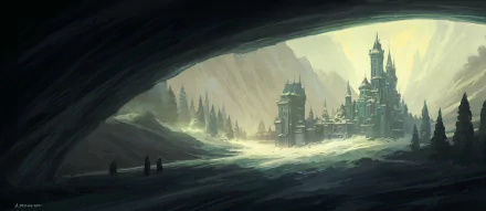 HD PC desktop wallpaper featuring a fantasy winter castle illuminated by soft light, nestled among snowy mountains and dark forest shadows.