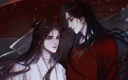 HD anime desktop wallpaper featuring Xie Lian and Hua Cheng from Tian Guan Ci Fu, showcasing their detailed expressions and flowing attire under a dark, atmospheric background.
