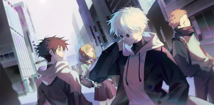 HD desktop wallpaper featuring characters from Jujutsu Kaisen: Satoru Gojo (white hair, blue eyes), Yuji Itadori (brown hair), Megumi Fushiguro (black hair), and Nobara Kugisaki (brown hair), all wearing hoodies.