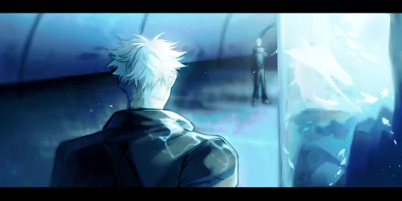 4K anime wallpaper of Satoru Gojo (white hair) standing in an icy blue hall, facing a distant Yuji Itadori — moody Jujutsu Kaisen scene for PC desktop.